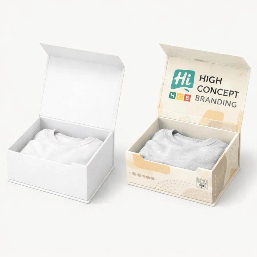 Two open premium magnetic gift boxes- one plain white and one with branded graphics- class=